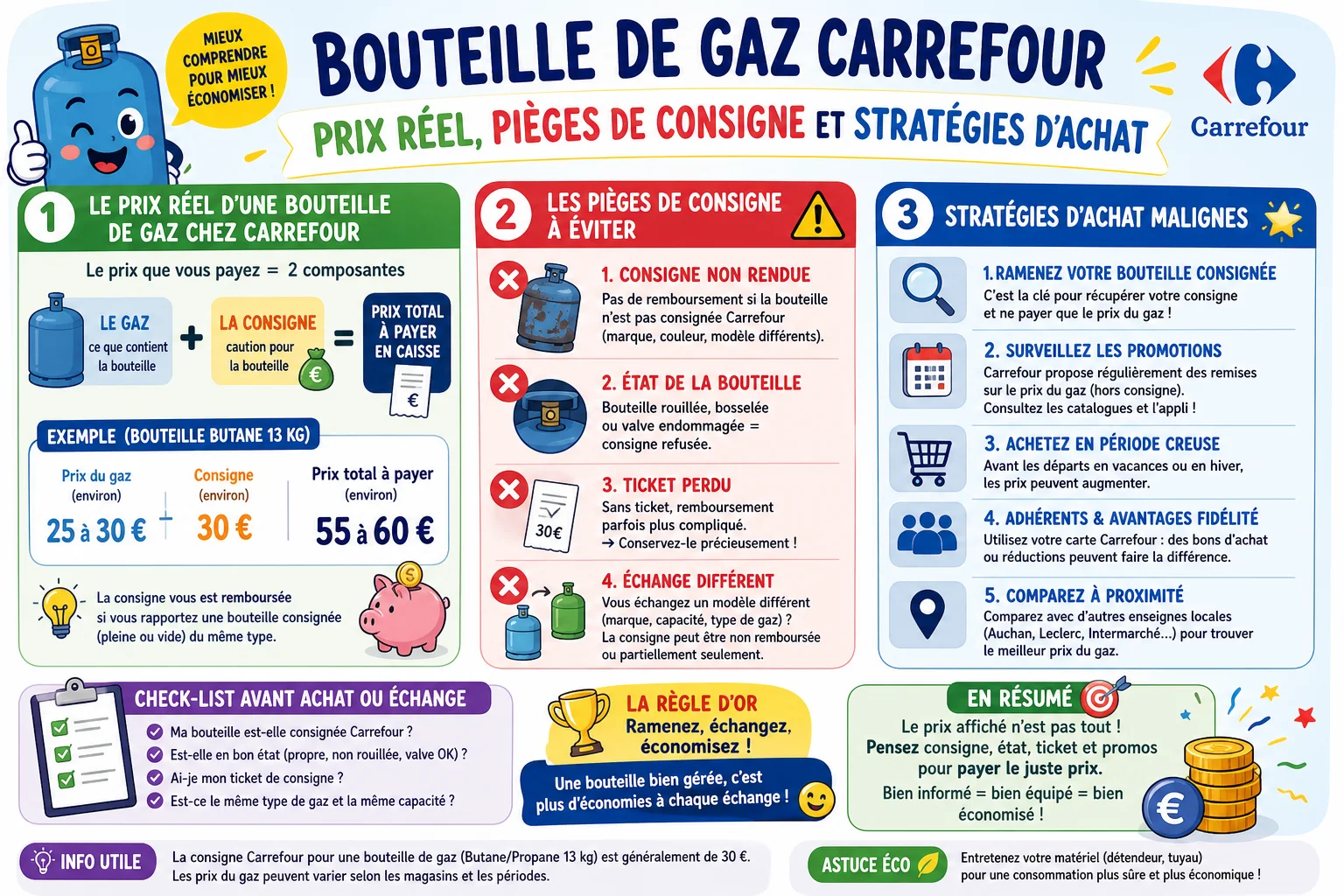 Infographie — Bouteille de gaz Carrefour prix réel, pièges de consigne et stratégies d'achat