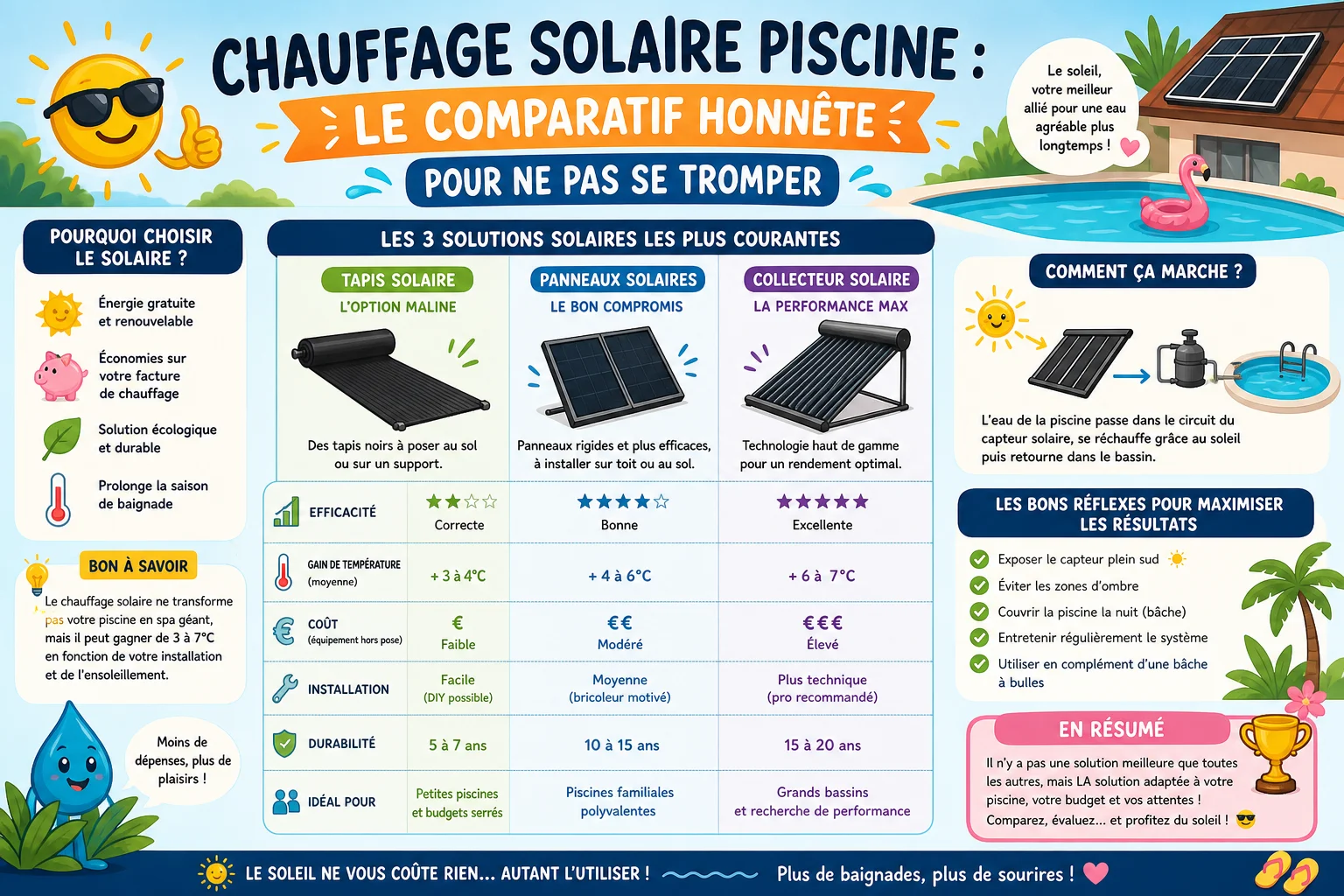 Infographie — Chauffage solaire piscine : le comparatif honnête pour ne pas se tromper