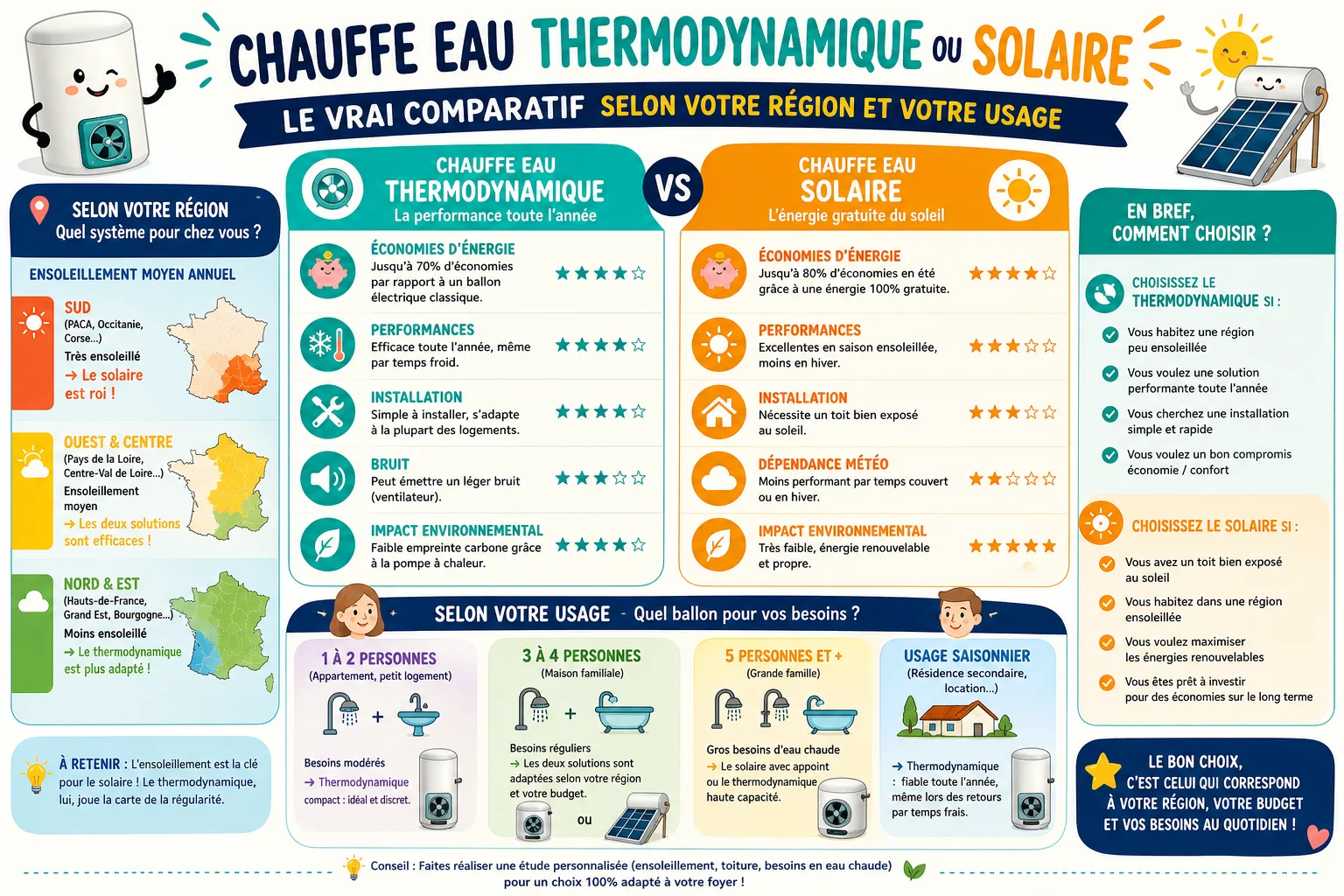 Infographie — Chauffe eau thermodynamique ou solaire : le vrai comparatif selon votre région et votre usage