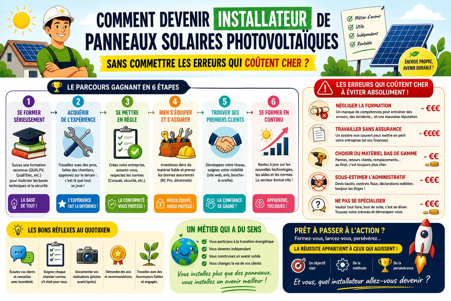 Infographie — Comment devenir installateur de panneaux solaires photovoltaïques sans commettre les erreurs qui coûtent cher ?