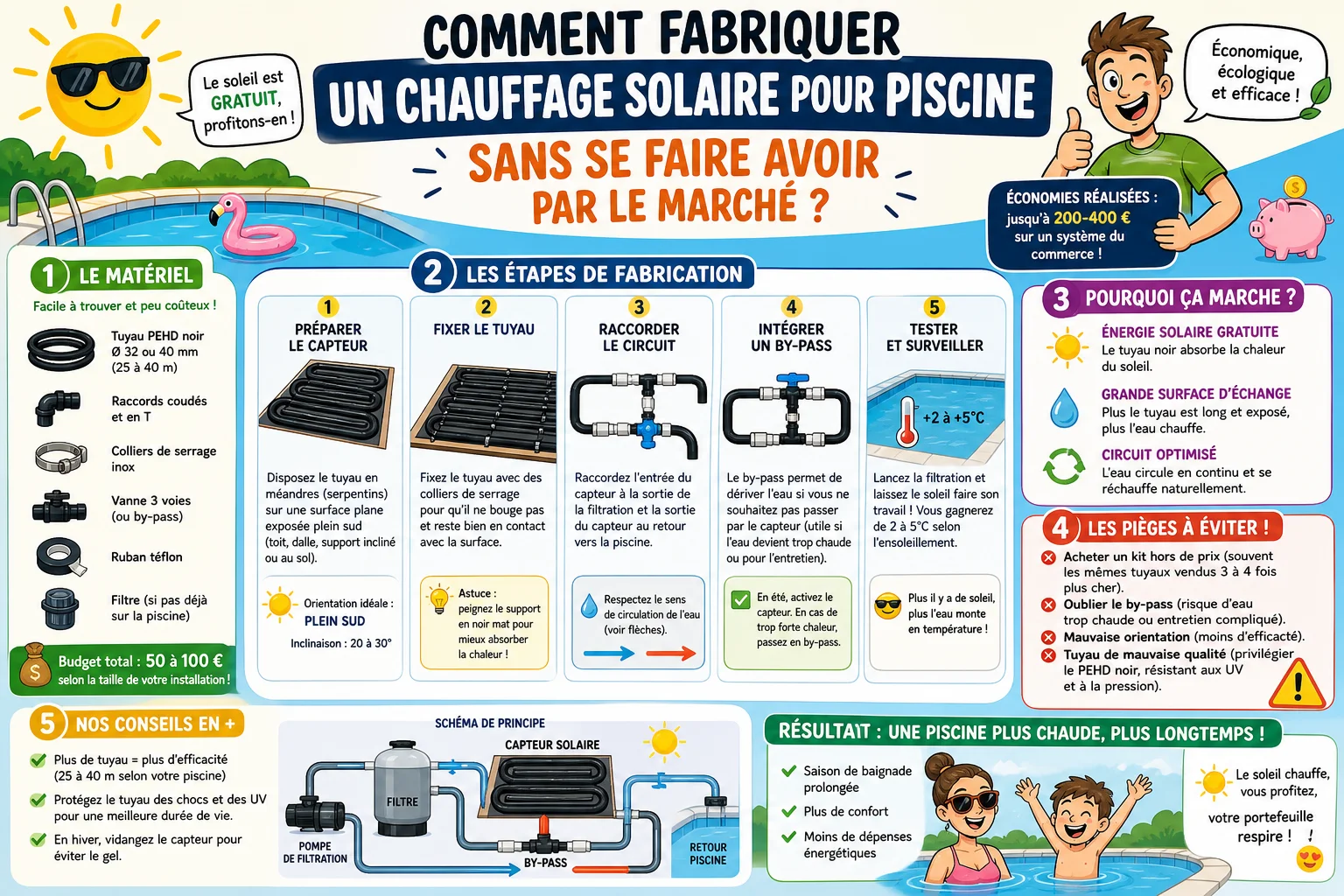 Infographie — Comment fabriquer un chauffage solaire pour piscine sans se faire avoir par le marché ?