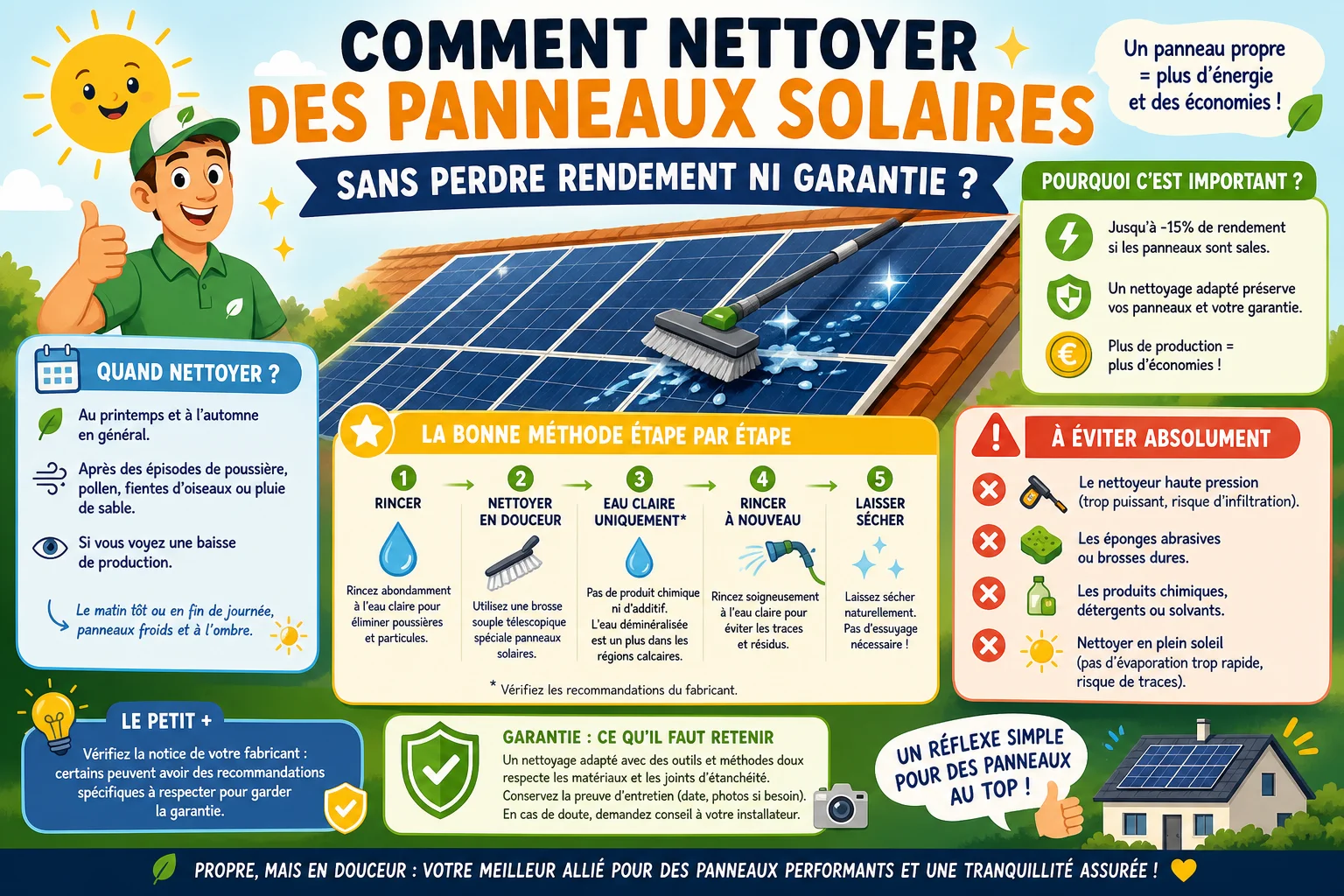 Infographie — Comment nettoyer des panneaux solaires sans perdre rendement ni garantie ?