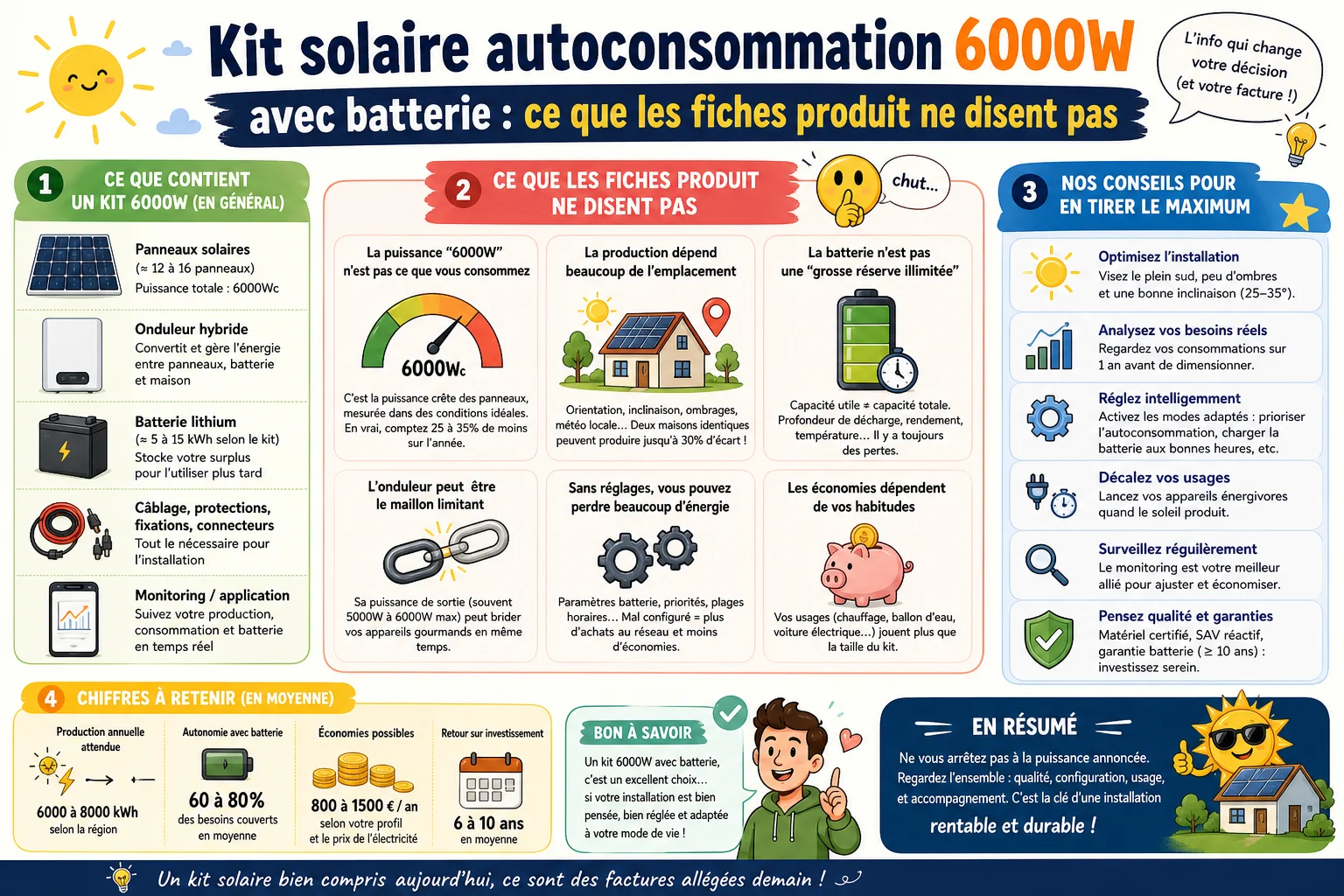 Infographie — Kit solaire autoconsommation 6000W avec batterie : ce que les fiches produit ne disent pas