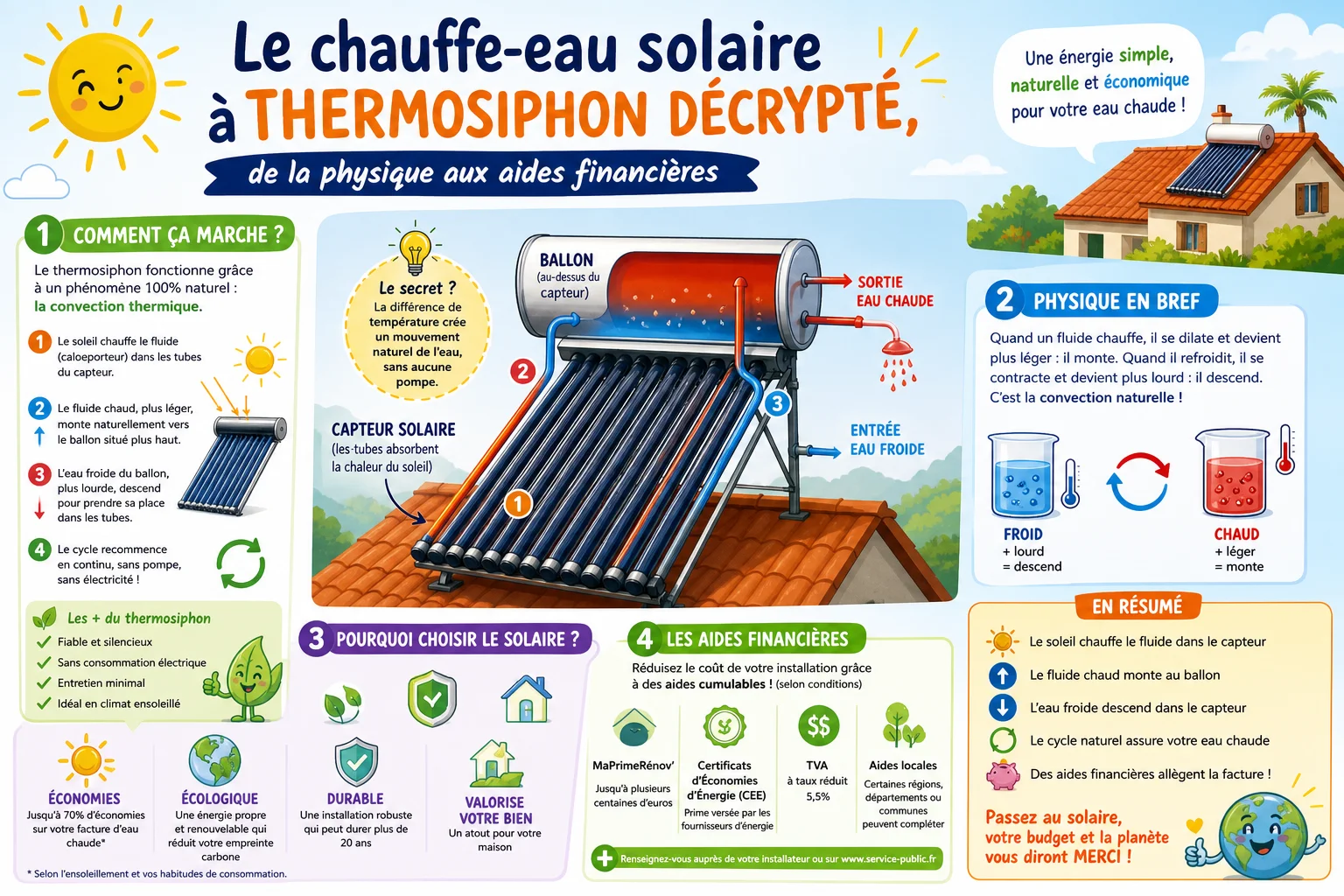 Infographie — Le chauffe-eau solaire à thermosiphon décrypté, de la physique aux aides financières