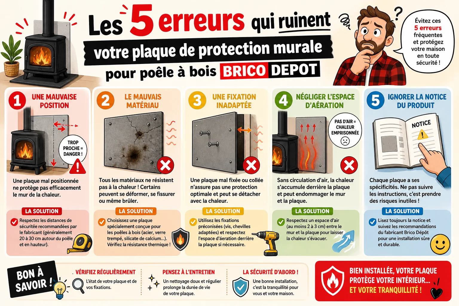 Infographie — Les 5 erreurs qui ruinent votre plaque de protection murale pour poêle à bois Brico Dépôt