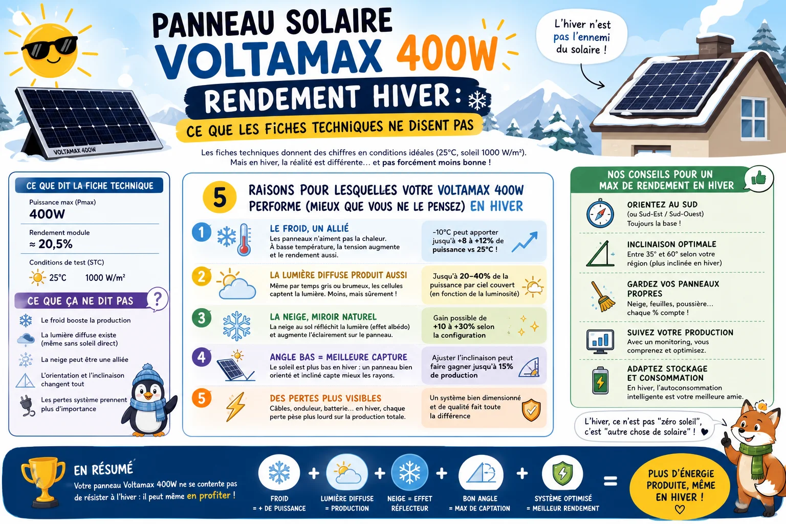 Infographie — Panneau solaire Voltamax 400W rendement hiver : ce que les fiches techniques ne disent pas