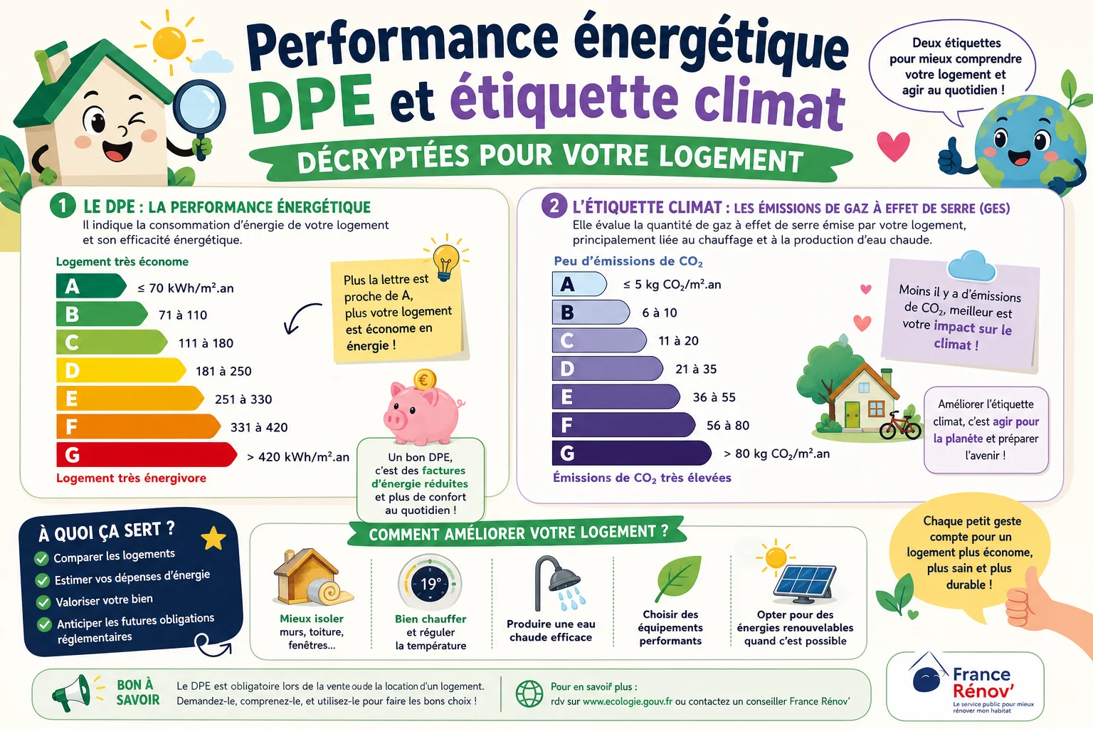 Infographie — Performance énergétique DPE et étiquette climat décryptées pour votre logement