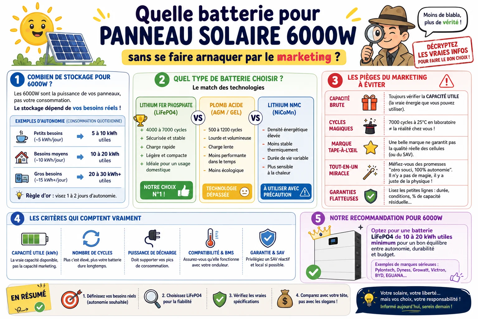 Infographie — Quelle batterie pour panneau solaire 6000W sans se faire arnaquer par le marketing ?