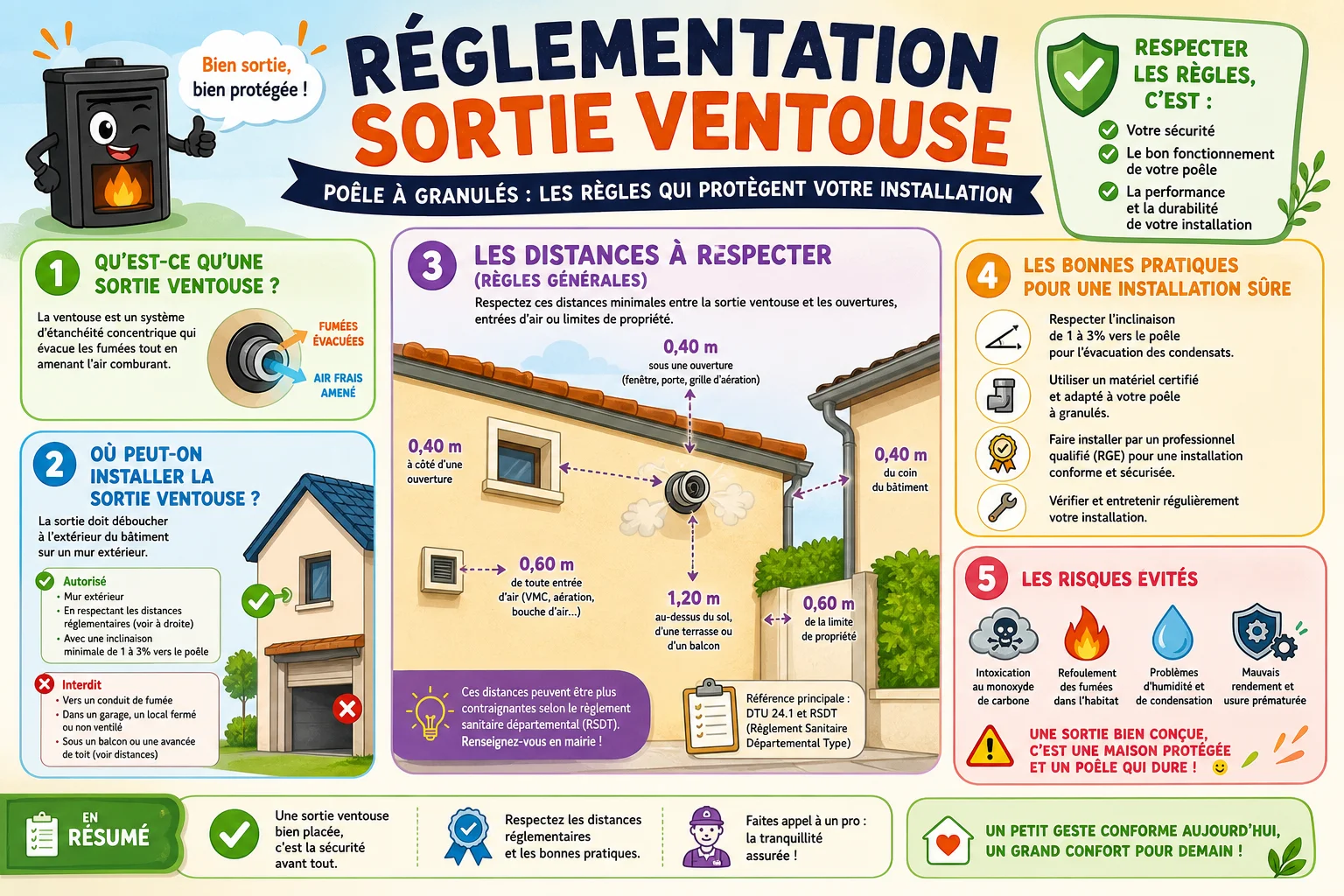 Infographie — Réglementation sortie ventouse poêle à granulés : les règles qui protègent votre installation