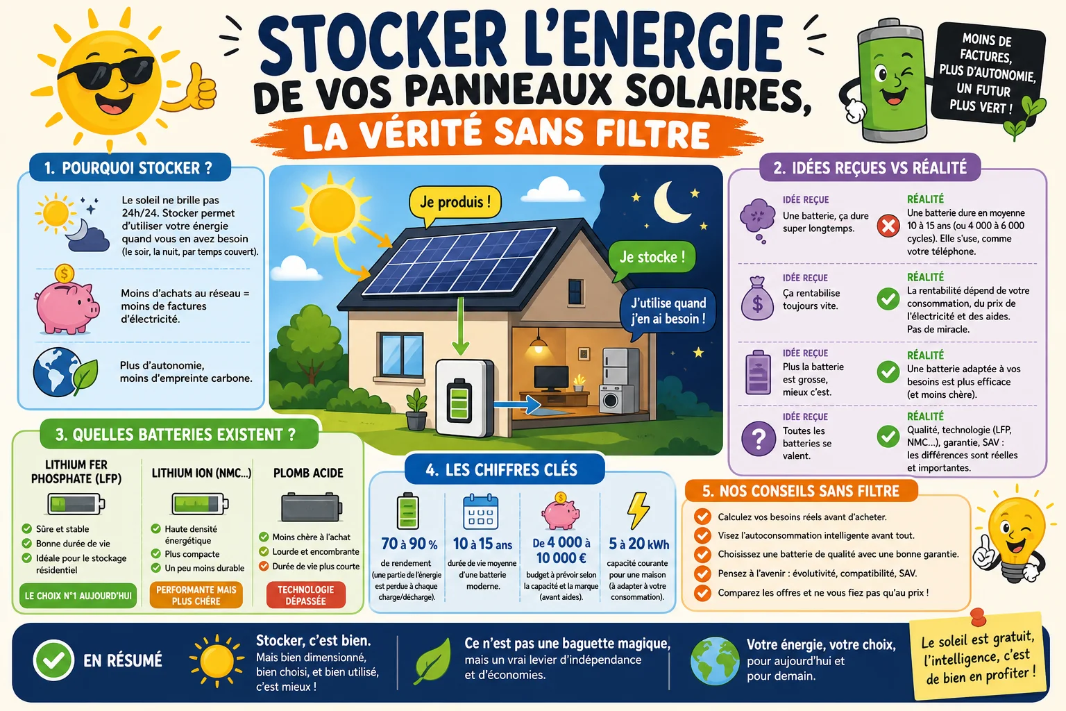 Infographie — Stocker l'énergie de vos panneaux solaires, la vérité sans filtre
