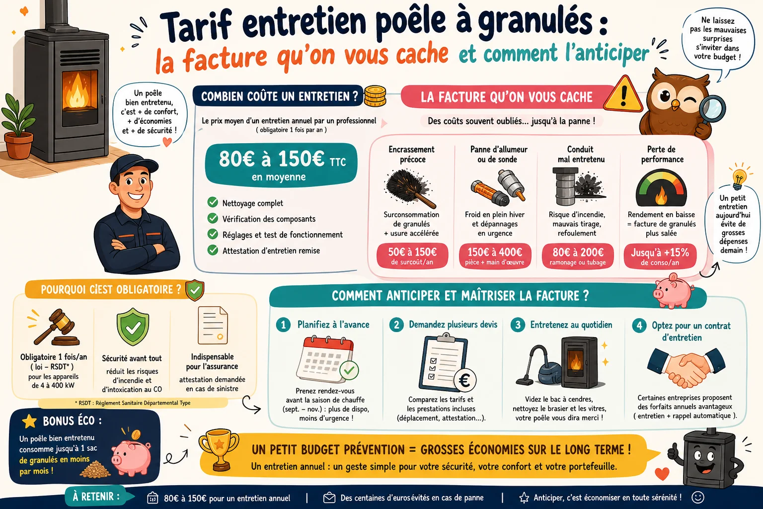 Infographie — Tarif entretien poêle à granulés : la facture qu'on vous cache et comment l'anticiper