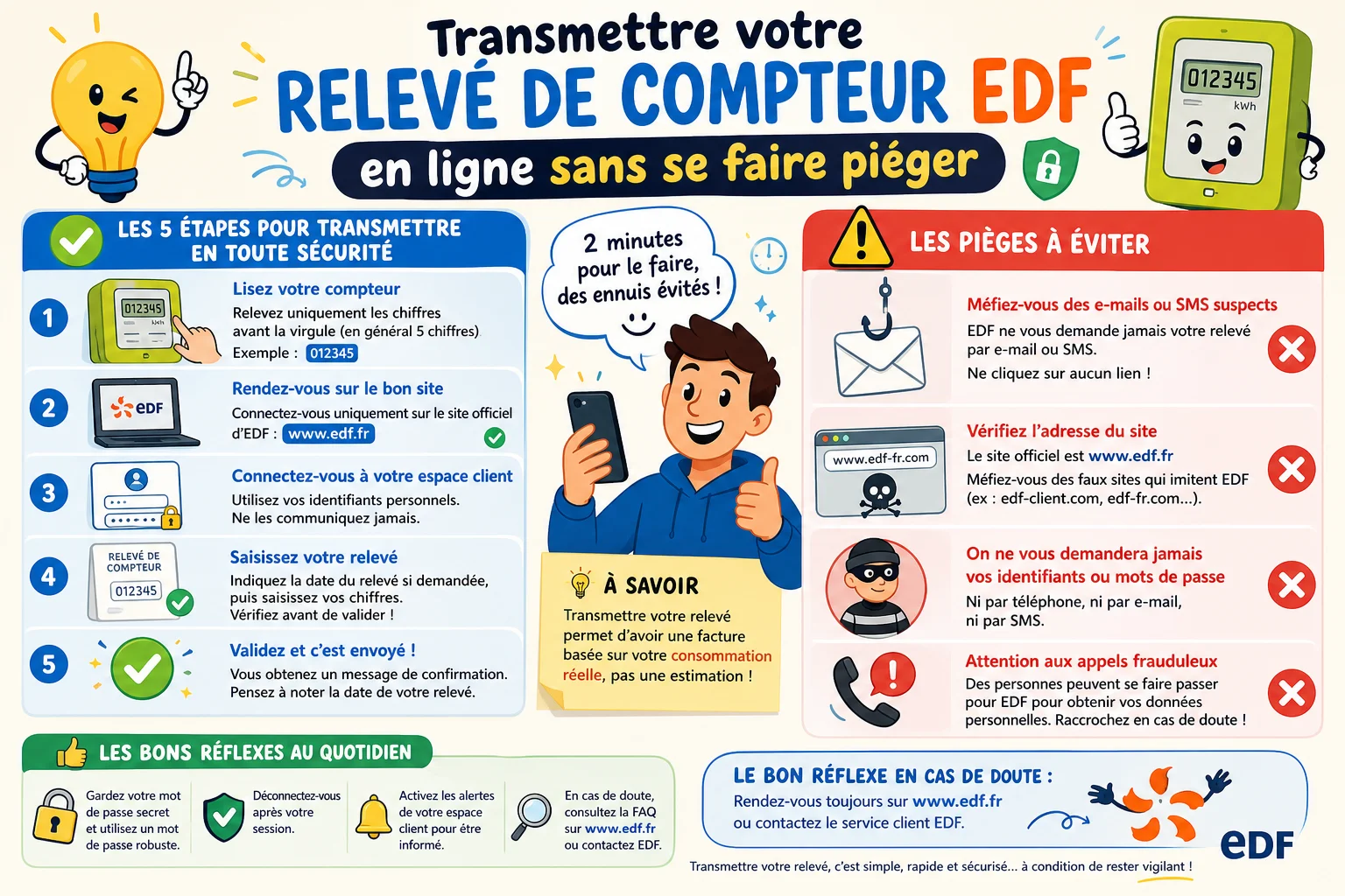 Infographie — Transmettre votre relevé de compteur EDF en ligne sans se faire piéger