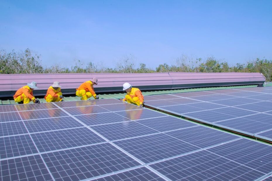 Installateur professionnel posant des panneaux solaires photovoltaïques sur toiture